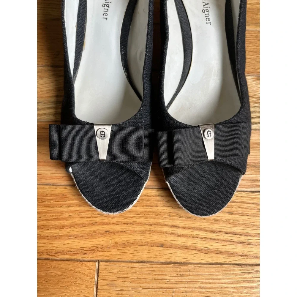 Etienne Aigner Digit Black Canvas Peep Toe Wedge Heels with Bow Size 6.5M